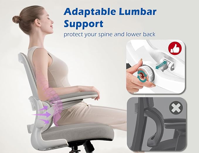TRALT Ergonomic Office Chair - Desk Chair with Adjustable Lumbar Support Computer Chair - Mesh Comfy Chair with Flip-up Armrests - Gaming Chairs for Adults Home Office (Leather, Grey)