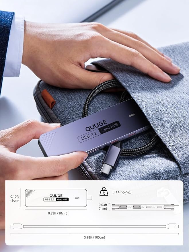 USB C Hub 10Gbps, USB 3.2 Gen 2 HUB with 2*USB-C & A, Type C Multiport Adapter for MacBook Pro/Air, Acer Aspire, HP Laptops, iPad Pro, iPhone 15/15 Pro Max and More, 100cm(3.3Ft) Long Cable