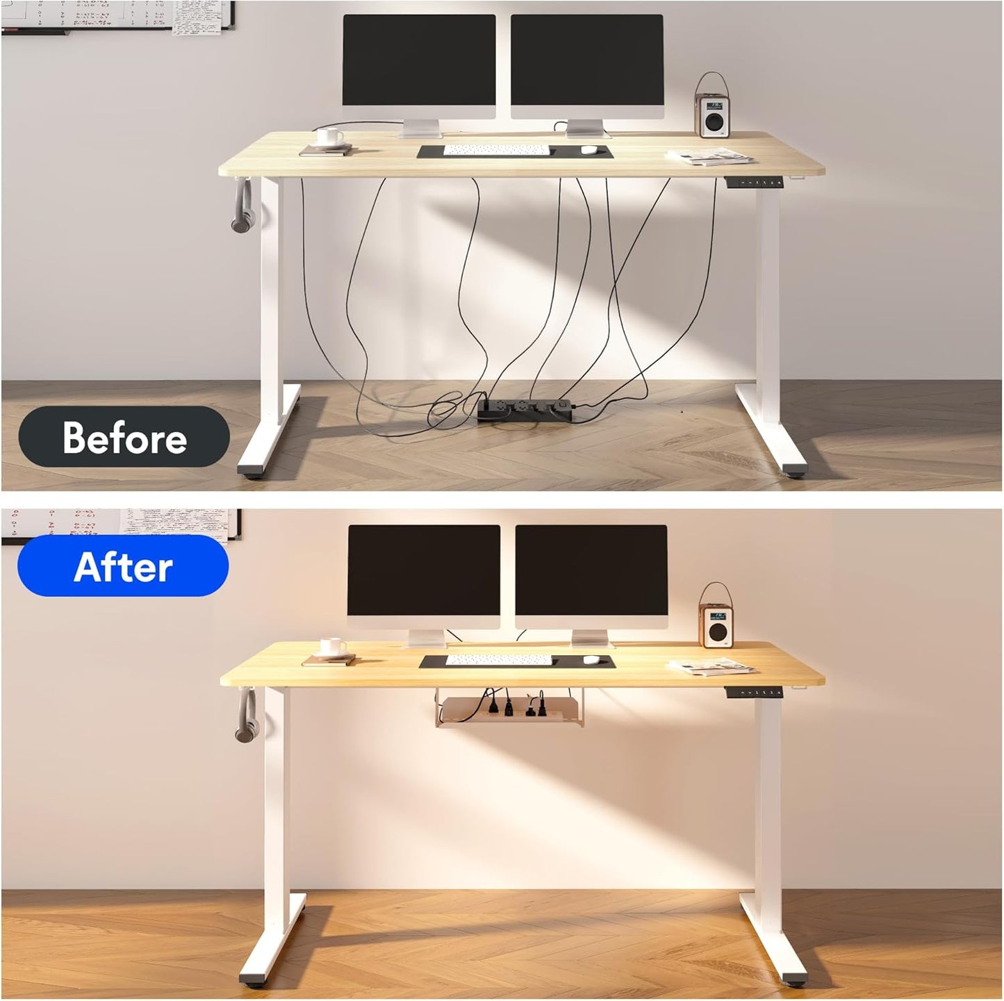FLEXISPOT EN2 Whole-Piece Bamboo Standing Desk with Clamp Power Strip, 48 x 24 Electric Stand Up Height Adjustable Desk with Cable Management (White Frame + 48" Bamboo Top, 2 Packages)