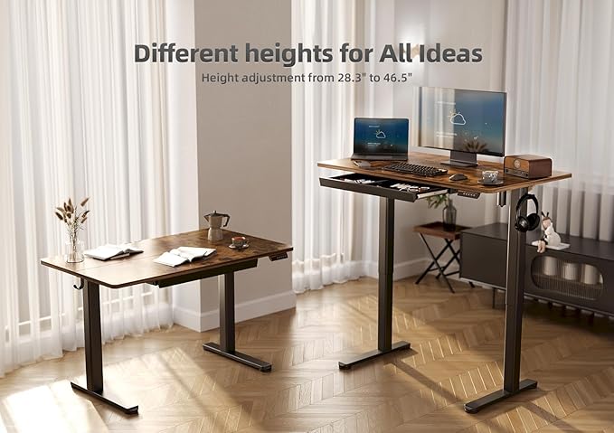 YDN Standing Desk with Drawers, Electric Adjustable Height 48 x 24 Inch Stand Up Desks for Home Office, Rustic Brown