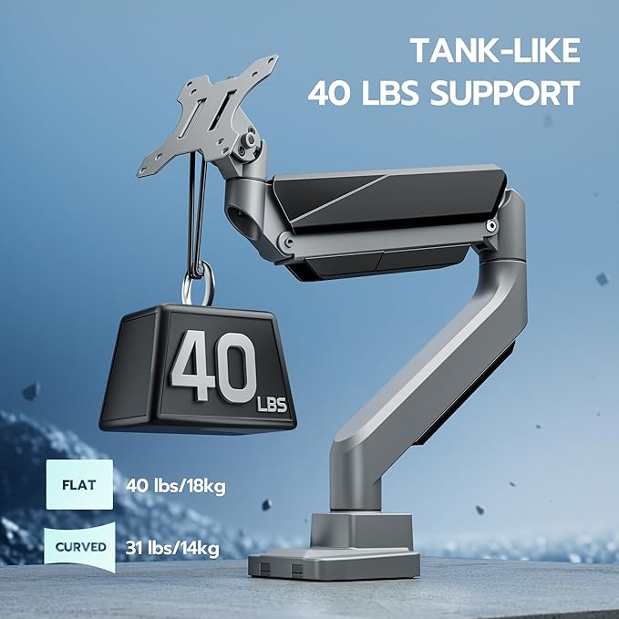 ARES WING Ultrawide Single Monitor Arm, Heavy Duty Monitor Mount for 13"-45" Curved Screens, Adjustable Stand for Desk with C-clamp & Grommet Base up to 40 LBS, Gray