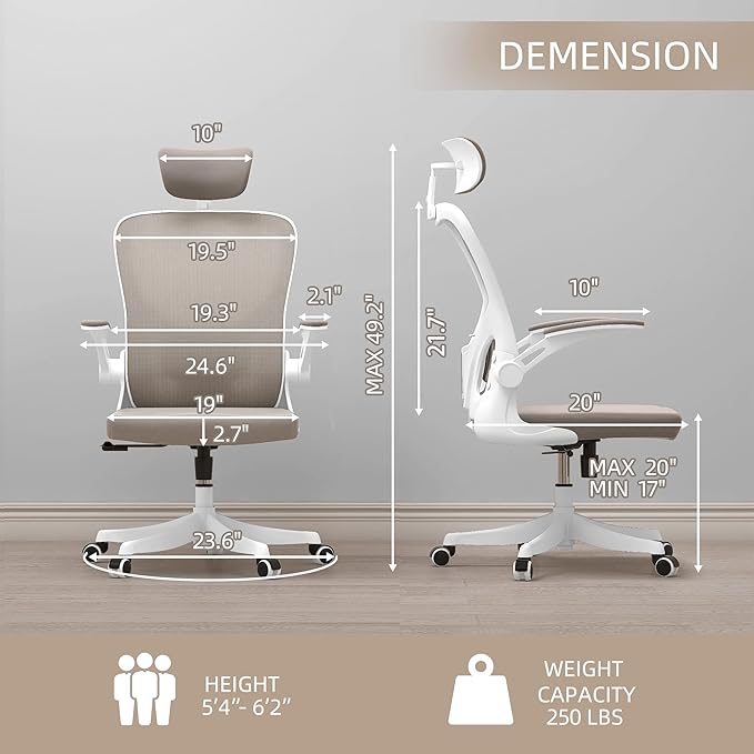 Monhey Office Chair Ergonomic Desk Chair with Lumbar Support&Headrest&Flip-up Arms Height Adjustable Rocking Swivel High Back Computer Chair Warm Taupe Mesh Study Chair (02White+Khaki)