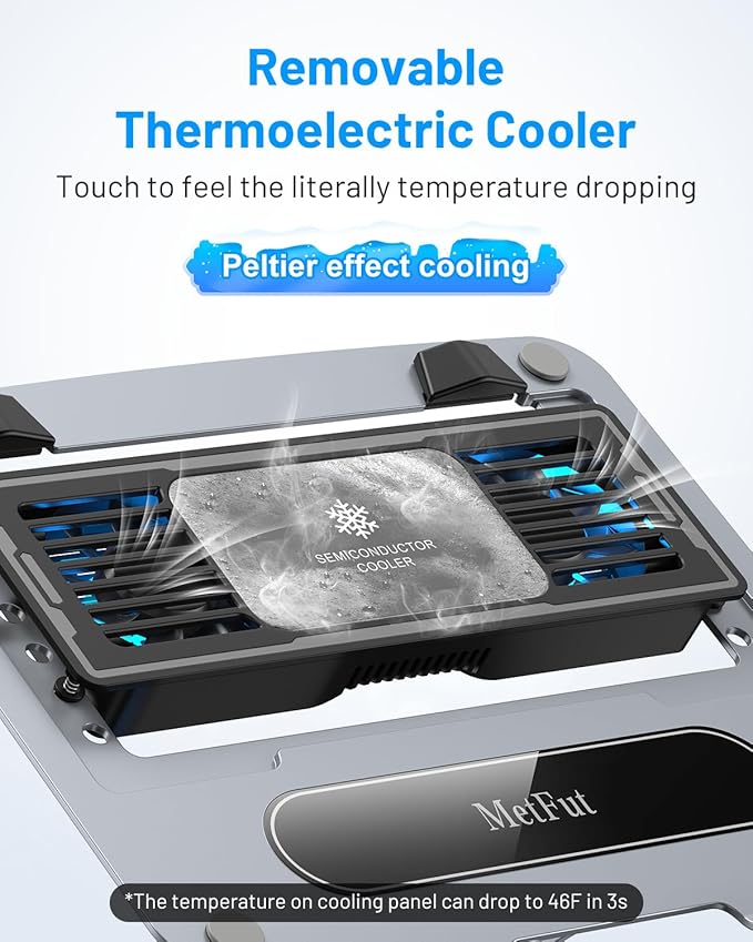 Laptop Cooling Stand with Detachable Thermoelectric Cooler, Adjustable Height & Angle, 360 Rotation Base, Carbon Steel Framework, Ultra-Quiet & Super Sturdy for up to 15.6” Laptop (Grey)