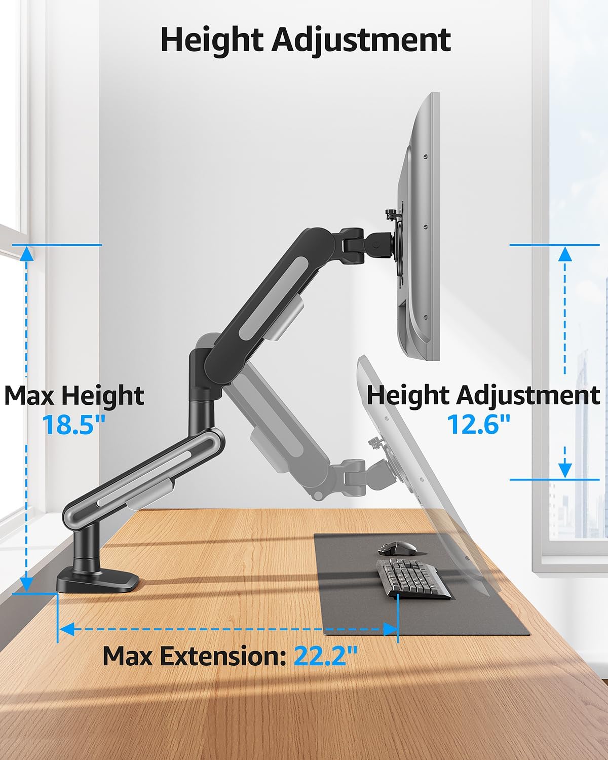 MOUNTUP Single Monitor Desk Mount for 4.4-26.5lbs, Heavy Duty Monitor Arm for 39 37 34 32 27inch, Full-Motion Monitors Stand, Height Adjustable Gas Spring Monitors Arm with C-Clamp＆Grommet Base
