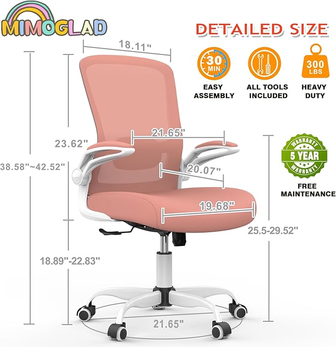 Mimoglad Ergonomic High Back Mesh Office Chair, Adjustable Lumbar Support, Thickened Seat Cushion (Modern, Spanish Pink)