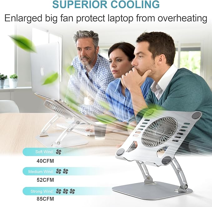 SHUWEI 360° Rotating Laptop Cooling Stand with 3 Speed Fan, Adjustable Height Laptop Stand for Desk, Ergonimic Aluminum Laptop Cooling Pad for 10-15'' Notebook - Bule-Gray