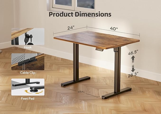YDN Electric Standing Desk Adjustable Height, 40 x 24 Inches Stand up Desk with Cable Management, Home Office Desks with Splice Board & Black Frame, Rustic Brown Top