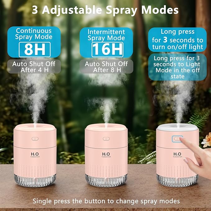 Colorful Mini Humidifier, USB Rechargeable Humidifier, small humidifier, 4 Modes Super Quiet, Humidifiers For Bedroom,Suitable For Travel Office Family Baby Bedroom-Soft Pink