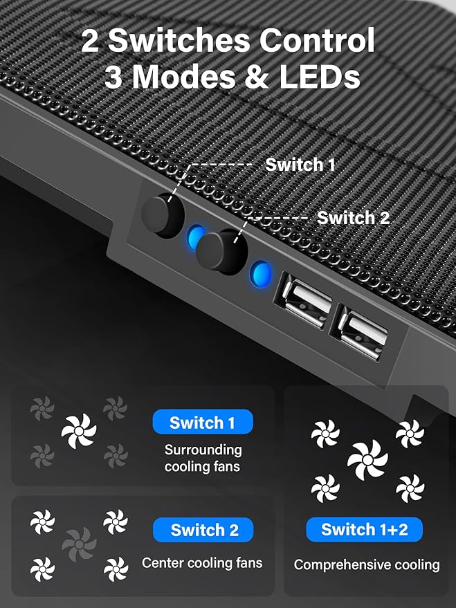 Kootek Laptop Cooling Pad, Laptop Cooler with 5 Quiet Fans for 12"-17" Computer PC Notebook Gaming Laptop Fan, Height Adjustable Laptop Cooling Stand Laptop Accessories, Blue