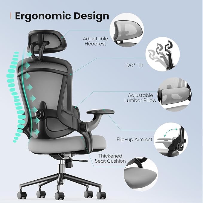 Sweetcrispy Ergonomic High Back Office Chair with 2D Headrest, Up&Down Lumbar Support, Swivel Computer Task Mesh Desk Chairs with Adjustable Flip-up Armrests,Grey