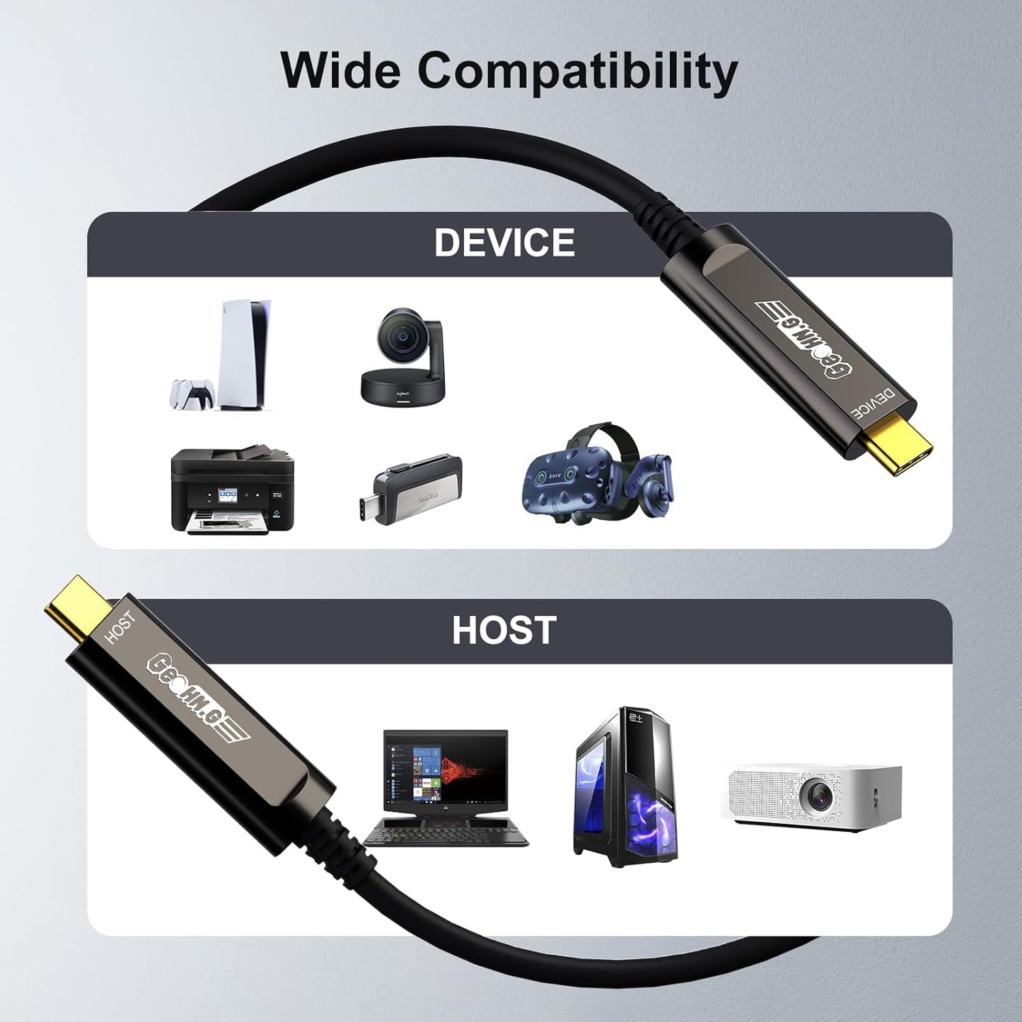 GeoHN.G USB C to C Fiber Optic Cable 50M/165FT, USB 3.2 10Gbps Long Distance Data Transfer USB C Extension Cable for VR, Camera, Mini PC, Laptop, Webcam, Printer and More