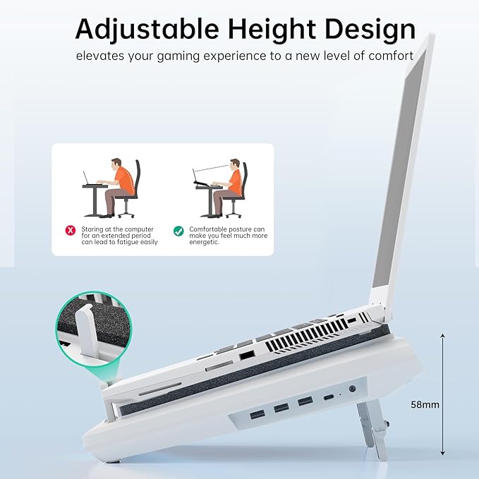 llano V13 Laptop Cooling Pad with 5.5" Turbofan – High-Speed Cooling for 15-21 Inch Gaming Laptops, Adjustable Speed & Touch Control, 3-Port USB Hub, with Mousepad, White