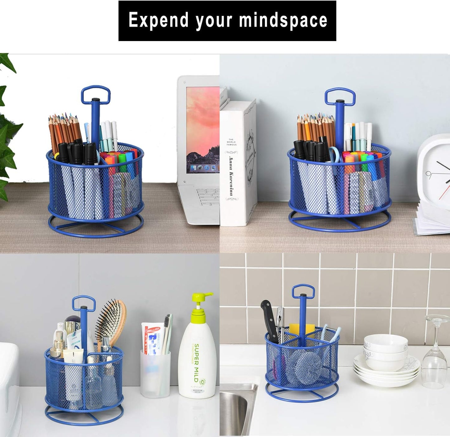 Marbrasse Mesh Desk Organizer, 360-Degree Rotating Multi-Functional Pen Holder, 4 Compartments Desktop Stationary Organizer, Home Office Art Supply Storage Box Caddy (Blue)