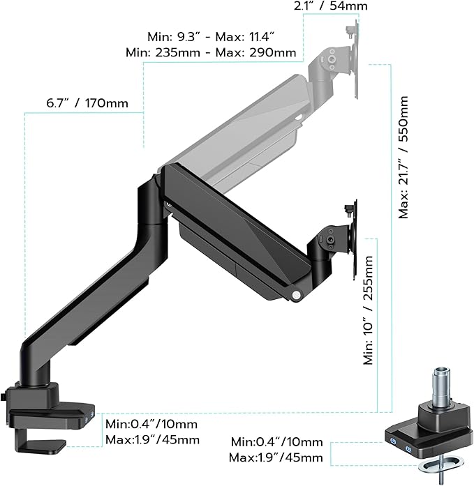 ARES WING Single Monitor Arm, Heavy Duty Adjustable Monitor Arm for 13"-45" Screens with USB, Gas Spring Desk Mount Stand with C Clamp/Grommet Mounting Base up to 40lbs Computer, Black