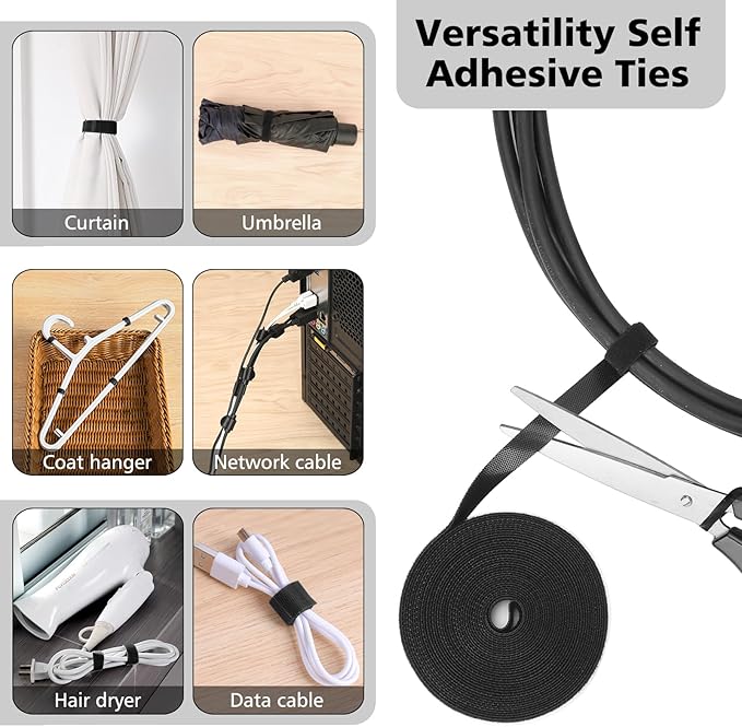 Cable Management Organizer Kit 2 Cable Sleeve Split with 41Self Adhesive Cable Clips Holder, 10pcs and 2 Roll Self Adhesive tie and 100 Fastening Cable Ties for TV Office Home Electronics etc