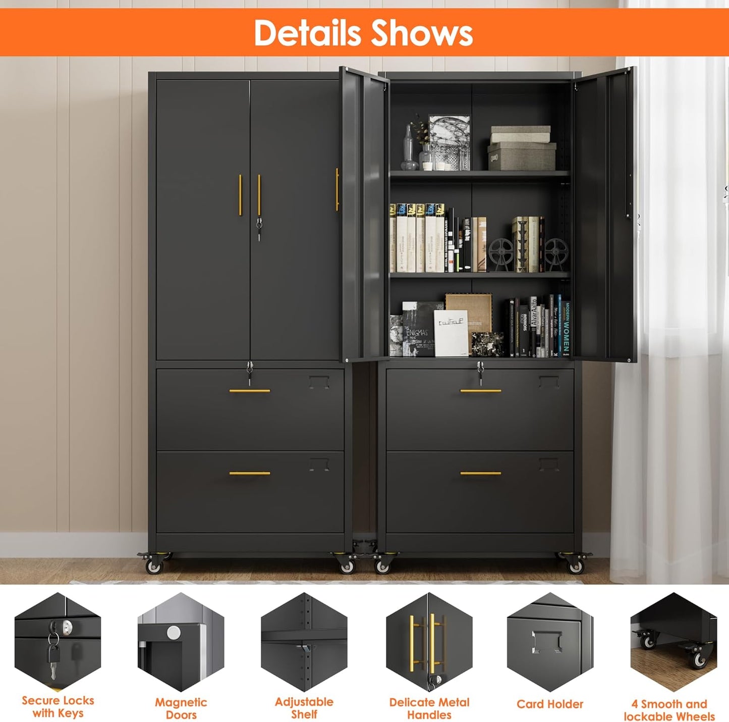 Aobabo Metal 2 Drawers Lateral File Storage Cabinet and Unit Adjustable Shelf Organizer, 2 Door Storage Office Steel Files Cabinet with Wheels, Legal/Letter A4 Size, Assembly Required, Black