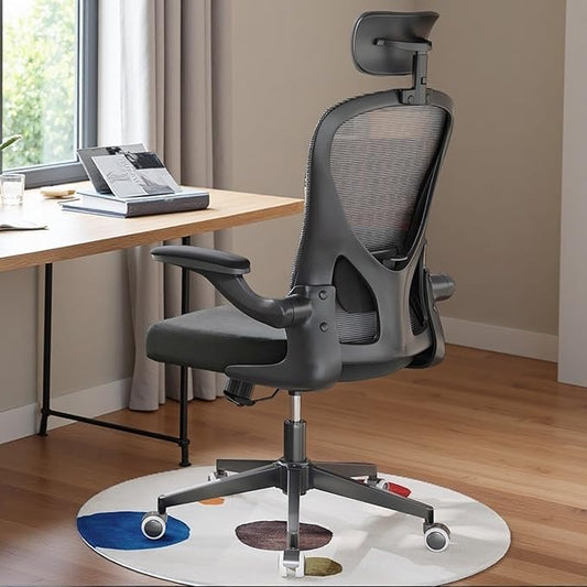 Ergonomic Office Chair with Adjustable Lumbar Support & Flip-Up Armrests - High Back Computer Desk Chair with Thickened Seat Cushion, Rolling Wheels for Home/Office Study Work