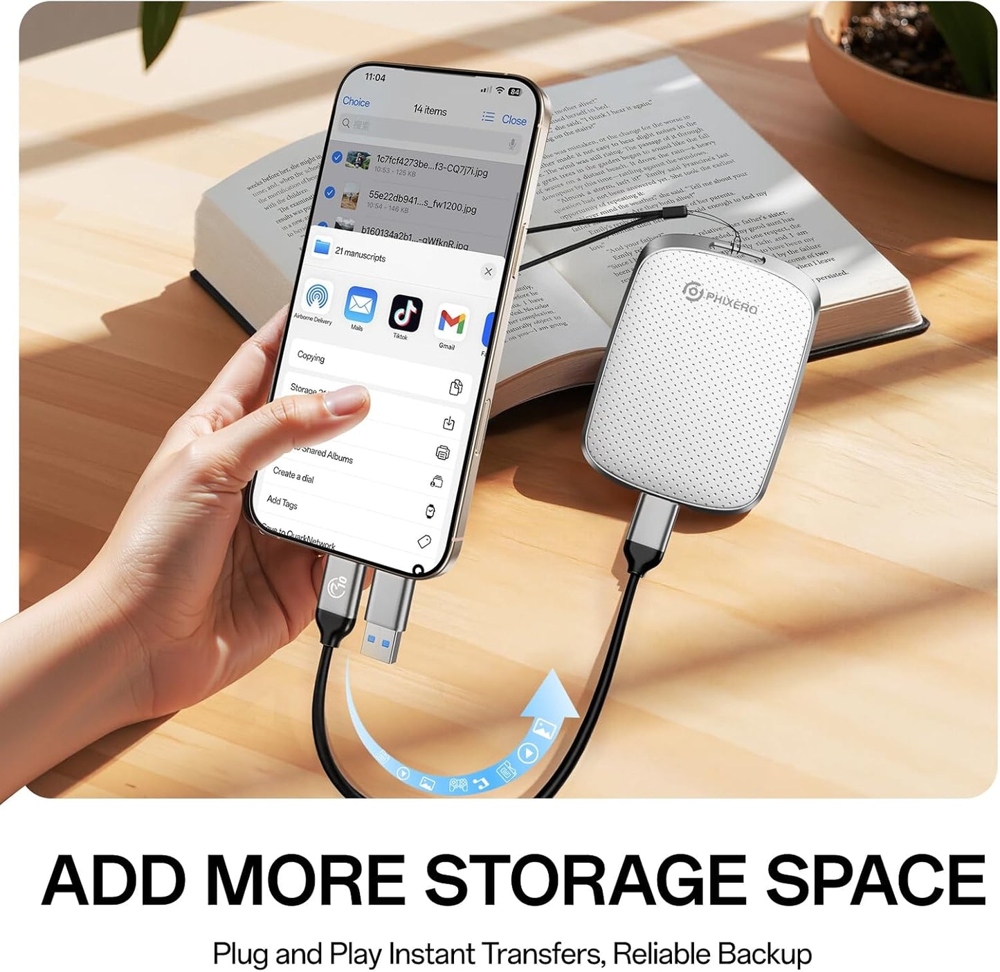 PHIXERO P5PLUS Portable SSD 128GB Up to 550MB/s, USB 3.2 Gen 2 External Solid State Drive，USB C to C&A for Smartphone，Tablet，PC，Labtop (White)