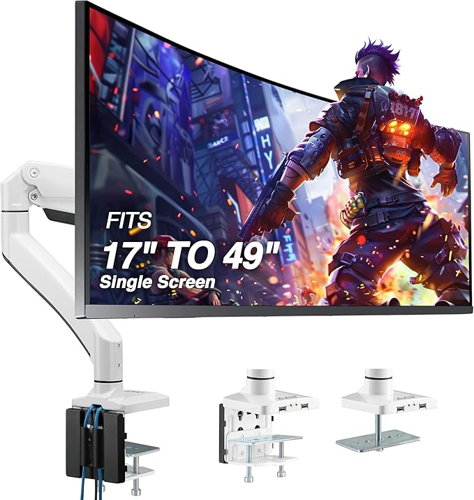 AVLT Single 17"-49" Super Ultrawide Monitor Arm for Screens Up to 50 lbs, Premium Aluminum Desk Stand, Adjustable Pneumatic Height, Full Motion Swivel Tilt Rotation, USB 3.0 & AUX Ports, White