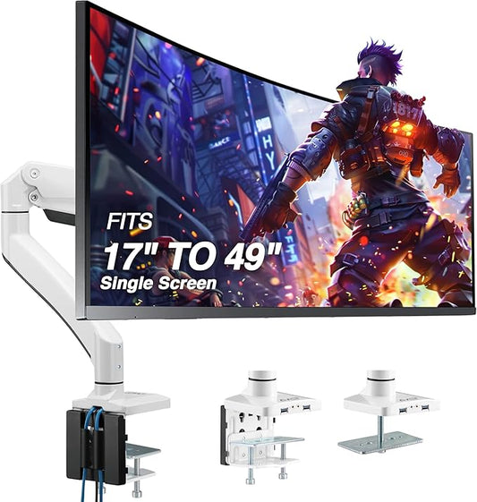AVLT Single 17"-49" Super Ultrawide Monitor Arm for Screens Up to 50 lbs, Premium Aluminum Desk Stand, Adjustable Pneumatic Height, Full Motion Swivel Tilt Rotation, USB 3.0 & AUX Ports, White