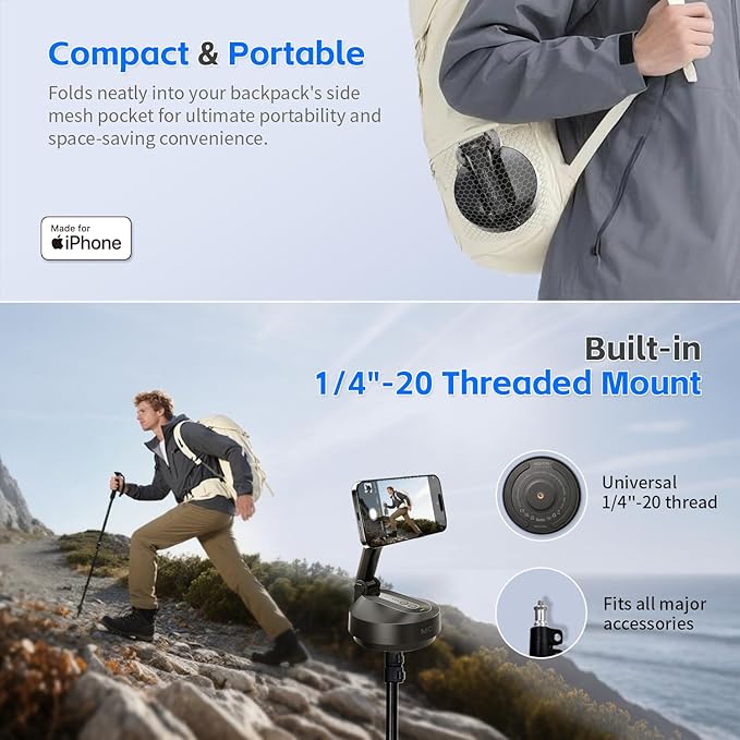 MOTA Tripod Stand Only for iPhone, Foldable Gimbal Stabilizer with Remote Control, 2 Axis Phone Stand for Video Recording with Megnetic Holder for Desk, 360 Degree Tracking Gimbal for All Apps