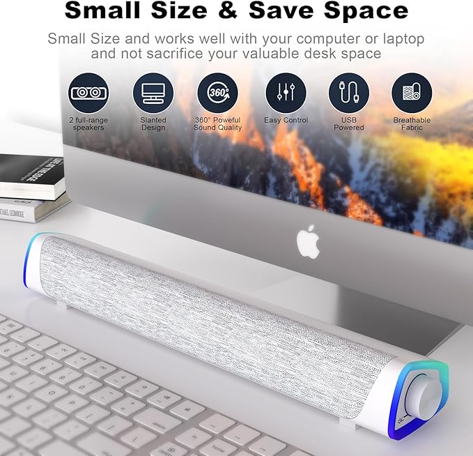 SOULION R30 Computer Speakers, USB Powered 3.5mm AUX Small PC Speakers, Colorful LED Lights with Switch Button, Surround Sound Portable Computer Sound Bar Speaker for Desktop Laptop White