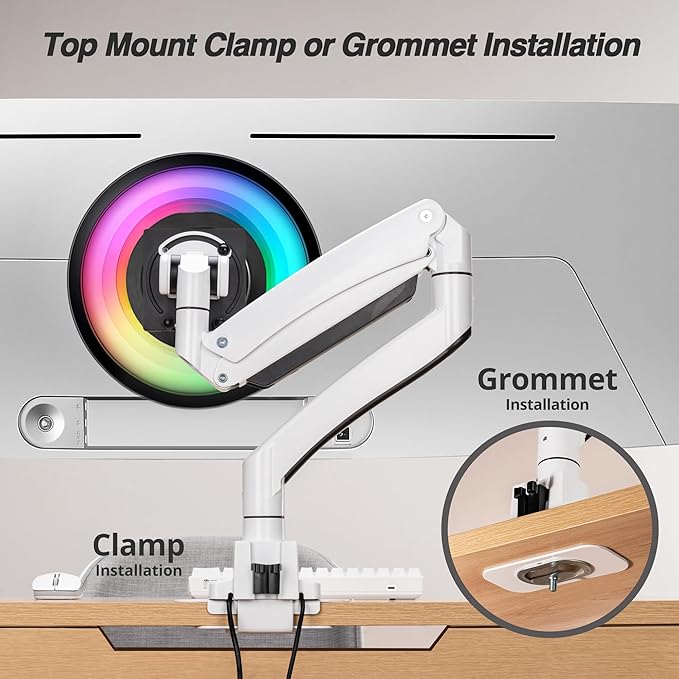 AVLT Single 17"-57" Super Ultrawide Monitor Arm for Screens Up to 59.5 lbs, Premium Aluminum Desk Stand, Adjustable Pneumatic Height, Full Motion Swivel Tilt Rotation, USB-C & USB-A Ports, White