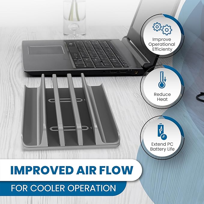 Multiple Laptop Holder Vertical – Adjustable Laptop Vertical Stand Holds 5 Devices, Fits All MacBooks Laptops Tablets and Mobiles (up to 17.3”). Closed Upright Vertical Laptop Stand for Desk