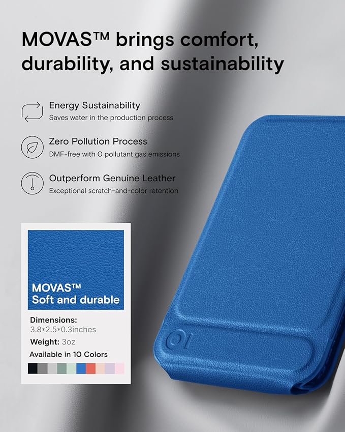 MOFT Phone Stand, Magnetic Phone Tripod Stand Stain-Resistant MOVAS Leather & Angle Adjustment & Strong Magnets Tripod for iPhone 16/15/14/13/12 (Included Metal Ring)-Sapphire