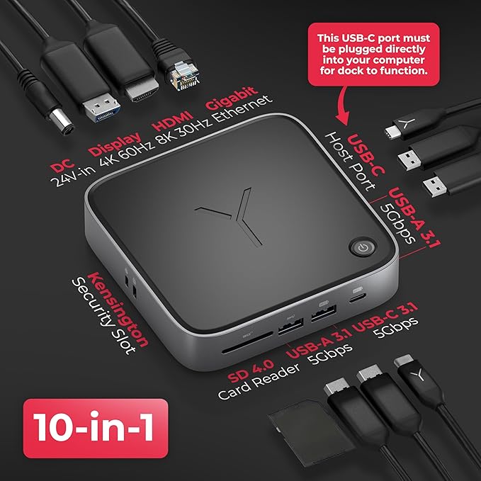 Brydge Stone CORE Powered Charging Docking Station – 10 Ports, 100W PD, Dual Monitor Docking Station, 4K60Hz, 8K HDMI, SD 4.0, USB-A & USB-C, Ethernet – Windows & MacOS Compatible Laptop