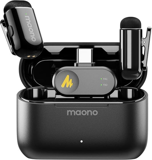 MAONO Wave T1 Mini Wireless Lavalier Microphone for iPhone 16 15 Android Tablet PC with USB-C Plug, Noise Cancellation, AI Voice Filter, 30H Used with Charging Case for Video Recording TikTok YouTube