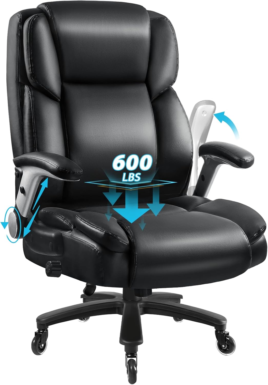 Big and Tall Office Chair 600LBS, Heavy Duty Office Chair for Heavy People, High Back Executive Office Leather Chair with Adjustable Armrests and Lumbar Support, Black Ergonomic Big Tall Chair