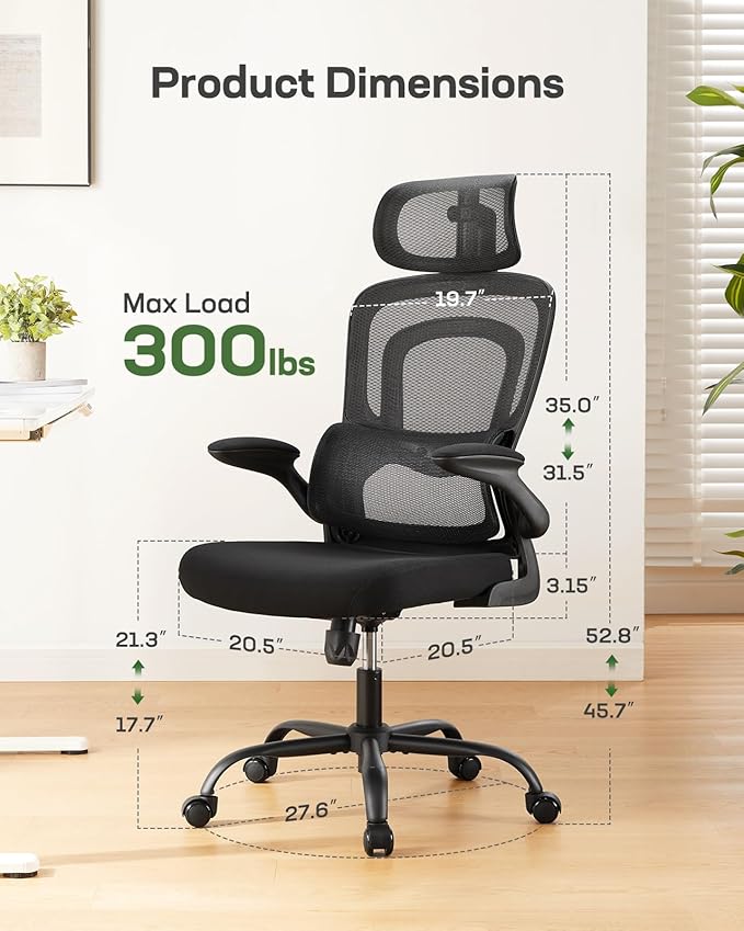 Marsail Ergonomic Office Chair with Lumbar Support, High Back Desk Chair with 2D Headrest & Flip-Up Armrests Gaming Computer Task Chair Tilt Function Black