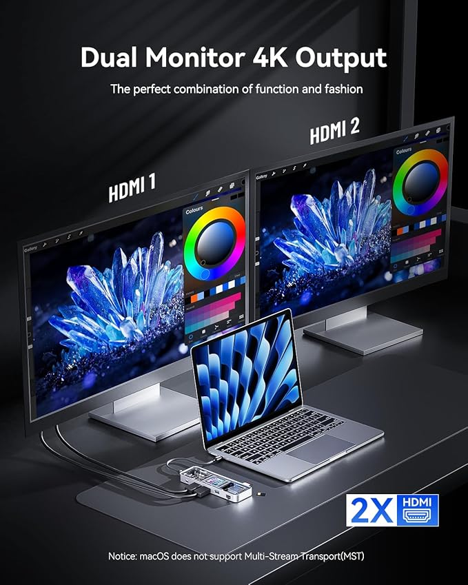 DOCKCASE Explorer Edition 10-in-1 USB C Hub, Dual 4K HDMI Docking Station for 2 Monitor, Gigabit Ethernet,1 USB-C and 3 USB-A Ports,100w PD, UHS-II TF/SD Card Reader for MacBook Pro, XPS, and More