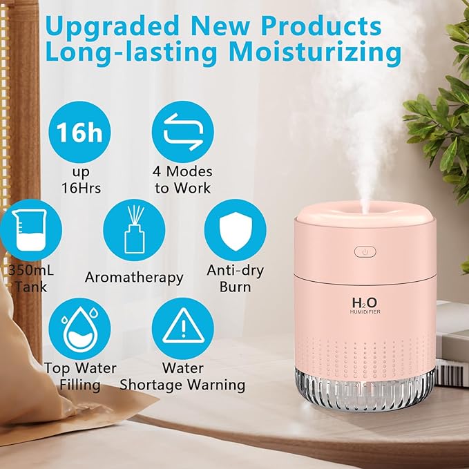 Colorful Mini Humidifier, USB Rechargeable Humidifier, small humidifier, 4 Modes Super Quiet, Humidifiers For Bedroom,Suitable For Travel Office Family Baby Bedroom-Soft Pink