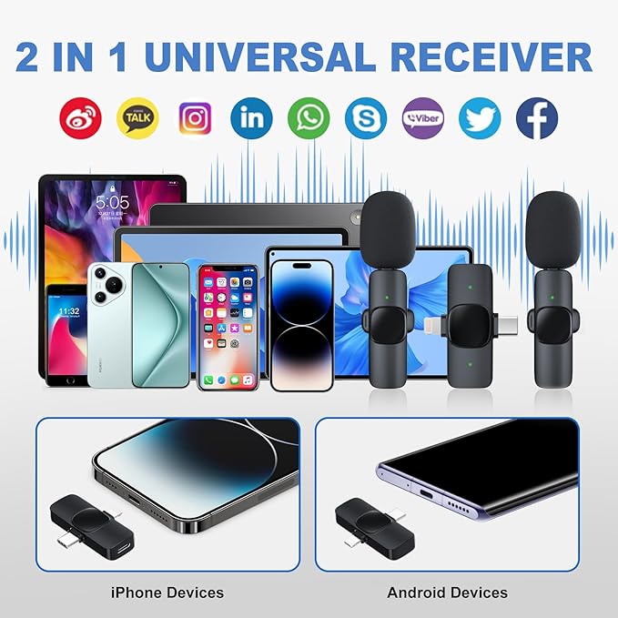 2 Pack Wireless Lavalier Microphone for iPhone/Android Phone, USB C Wireless Lav Mic, 4 Pickup Modes, Noise Cancellation, Mini Lapel Mic for Video Recording Podcast YouTube TikTok