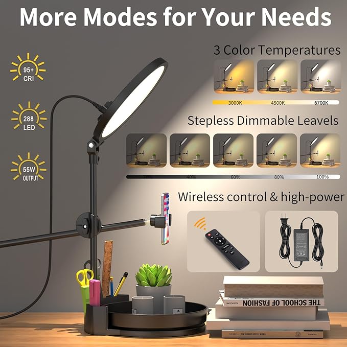 Desk Ring Light with Stand,55W Dimmable Full Screen Ring Light,with Rotating Storage Box,Pen Holder Stand,Phone Holder&Controller (Pink, 10.5)