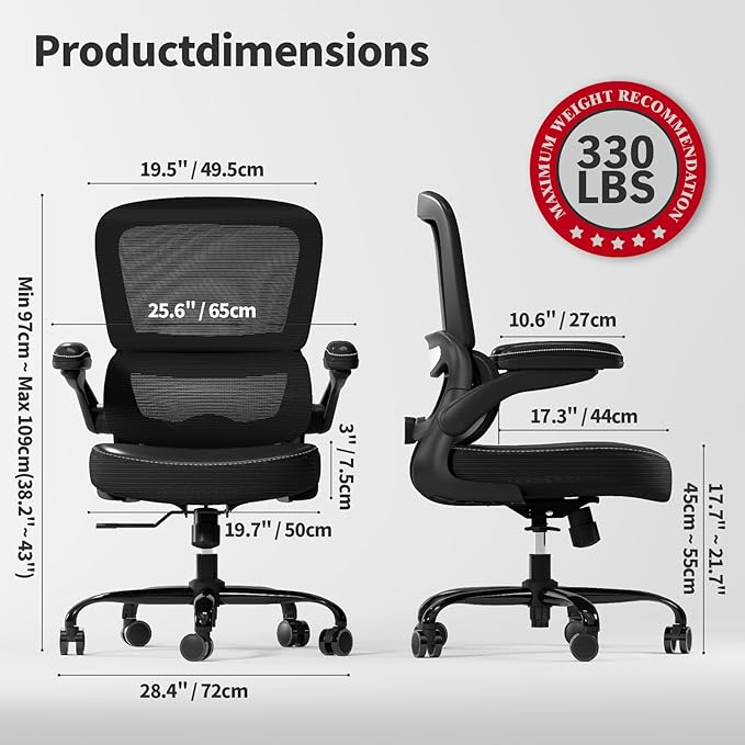TRALT Ergonomic Office Chair - Desk Chair with Adjustable Lumbar Support Computer Chair - Mesh Comfy Chair with Flip-up Armrests - Gaming Chairs for Adults Home Office (Leather, Black)