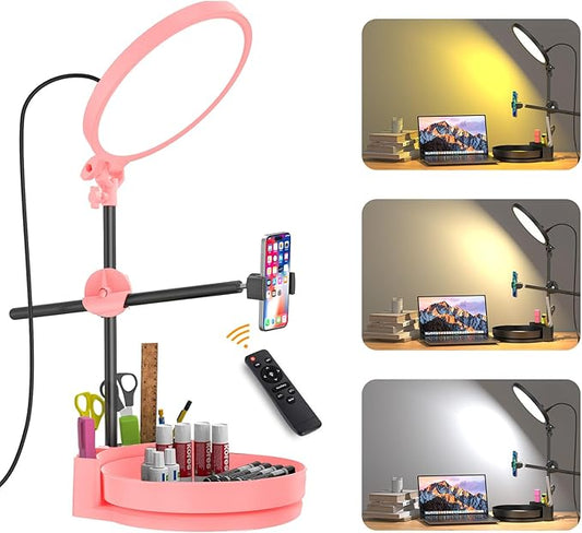 Desk Ring Light with Stand,55W Dimmable Full Screen Ring Light,with Rotating Storage Box,Pen Holder Stand,Phone Holder&Controller (Pink, 10.5)