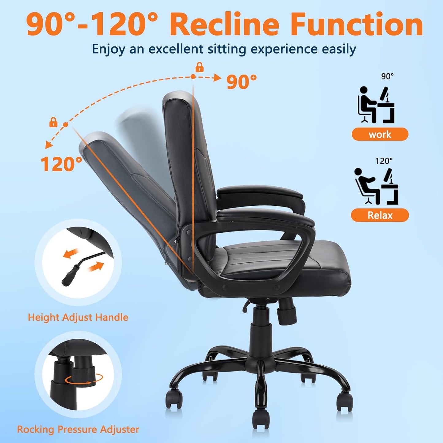 CLATINA Mid Back Leather Office Executive Chair with Lumbar Support and Padded Armrestes Swivel Adjustable Ergonomic Design for Home Computer Desk