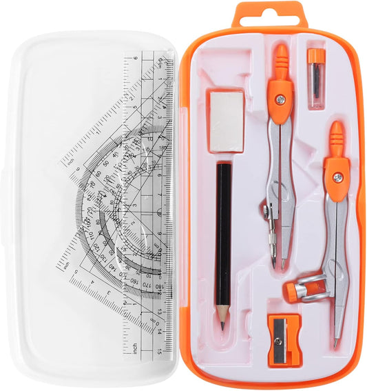 Math Geometry Kit Sets 10 Piece Student Supplies with Shatterproof Storage Box,Includes Rulers,Protractor,Compass,Eraser,Pencil Sharpener,Lead Refills,Pencil,for Drafting and Drawings（Orange）
