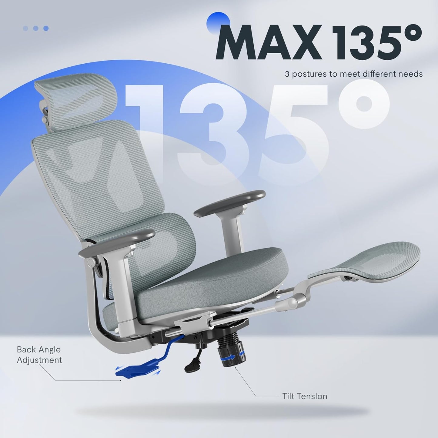 FLEXISPOT ErgoX Premium Ergonomic Office Chair with Footrest- Adjustable 3D Armrests, Dynamic Lumbar Support, Recline & Tilt Function, Mesh Seat, for Home & Office Use,Foam Blue