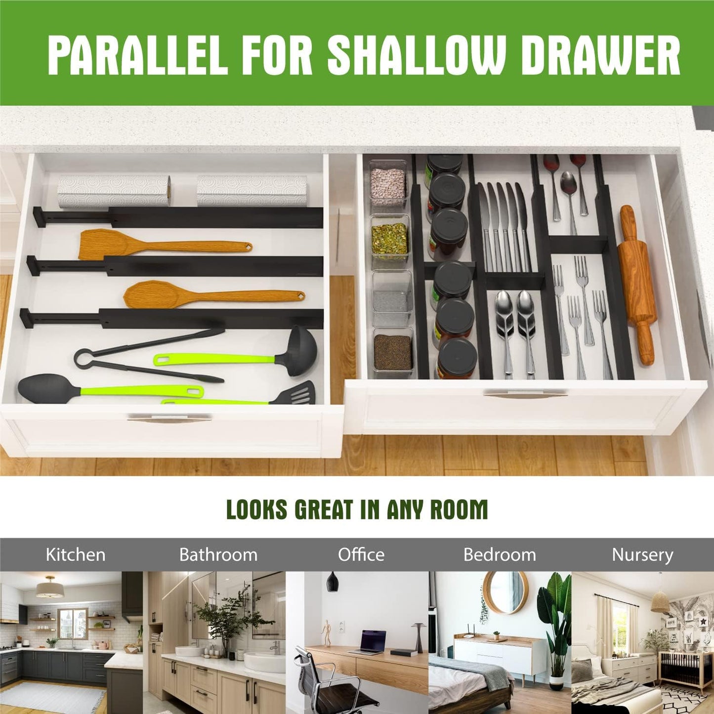 ANTOWIN Bamboo Drawer Dividers Organizers, Expandable Drawer Separators Splitter,17-22 inches Long Adjustable Spring-loaded Organizer for Large Utensil, Clothes, Tools Drawers (Black)