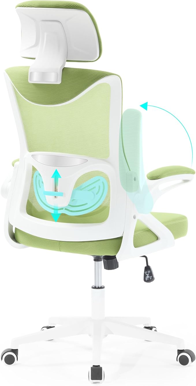 Fizzin Ergonomic Office Chair 400 LBS, High Back Desk Chair with Adjustable Lumbar Support, Mesh Computer Chair with Thicker Seat Cushion and Tilt Function for Home Offices (Green)
