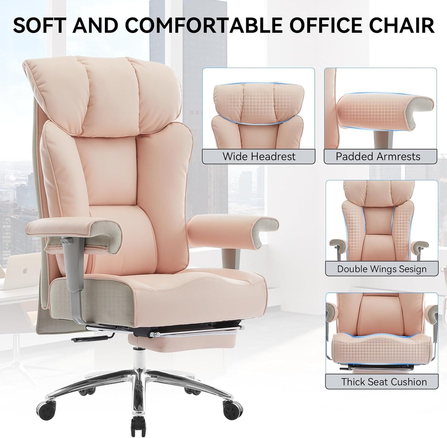 Efomao Big and Tall Ergonomic Office Chair 450LBS with Foot Rest, High Back PU Leather Executive Chair with Adjustable Padded Armrests, Lumbar Support for Home or Work, Heavy Duty Computer Chair, Pink