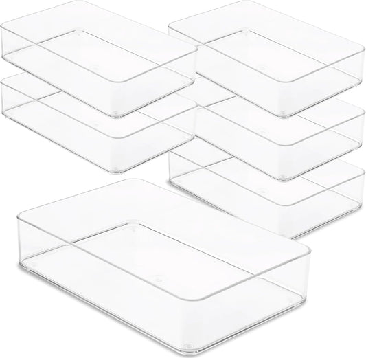 Plastic Clear Drawer Organizers. Bathroom. Kitchen, Bedroom, Utensils, Office Organizer Bins, Storage Trays. Stackable. 9" x 6" x 2" Set of 6