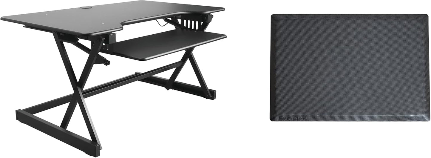 Rocelco 40" Height Adjustable Standing Desk Converter with AC Outlet USB Charger and Anti-Fatigue Floor Mat - Sit Stand Up Tabletop Riser - Sliding Keyboard Tray - Black (R DADRB-40-ACUSB-MAFM)