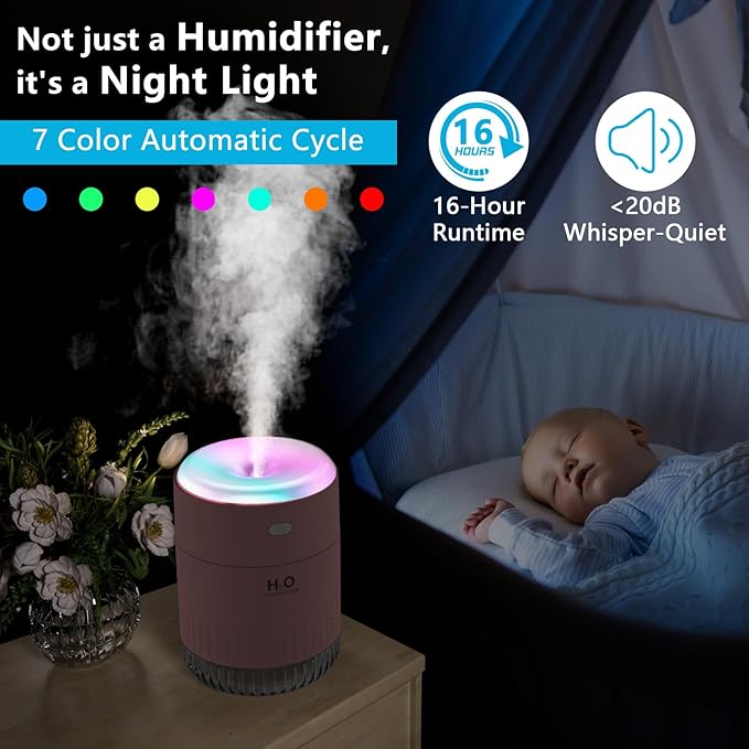 Colorful Mini Humidifier, USB Rechargeable Humidifier, small humidifier, 4 Modes Super Quiet, Humidifiers For Bedroom,Suitable For Travel Office Family Baby Bedroom-Pink1.0