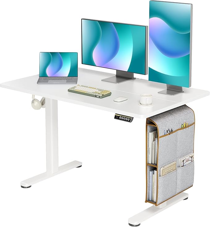 Claiks Electric Standing Desk Adjustable Height with Spacious Storage Bag, 48x24 Inch Stand Up Desk with Headphone Hook, Sit Stand Table for Home Office Computer Workstation, White
