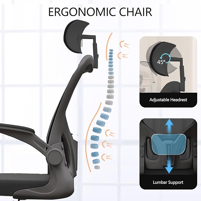 Ergonomic Office Chair, High-Back Mesh Computer Desk Chair with Adjustable Height, Lumbar Support, Flip-Up Armrests,headrest，and Swivel Rolling Design for Home and Office Use
